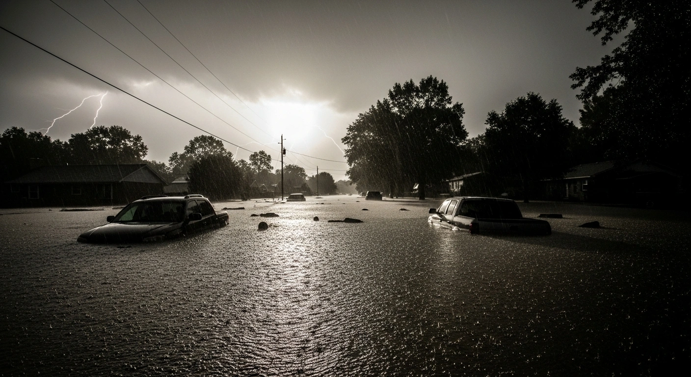 A flooded street in Kentucky shows the aftermath of severe thunderstorms and flash flooding as emergency crews begin recovery efforts.