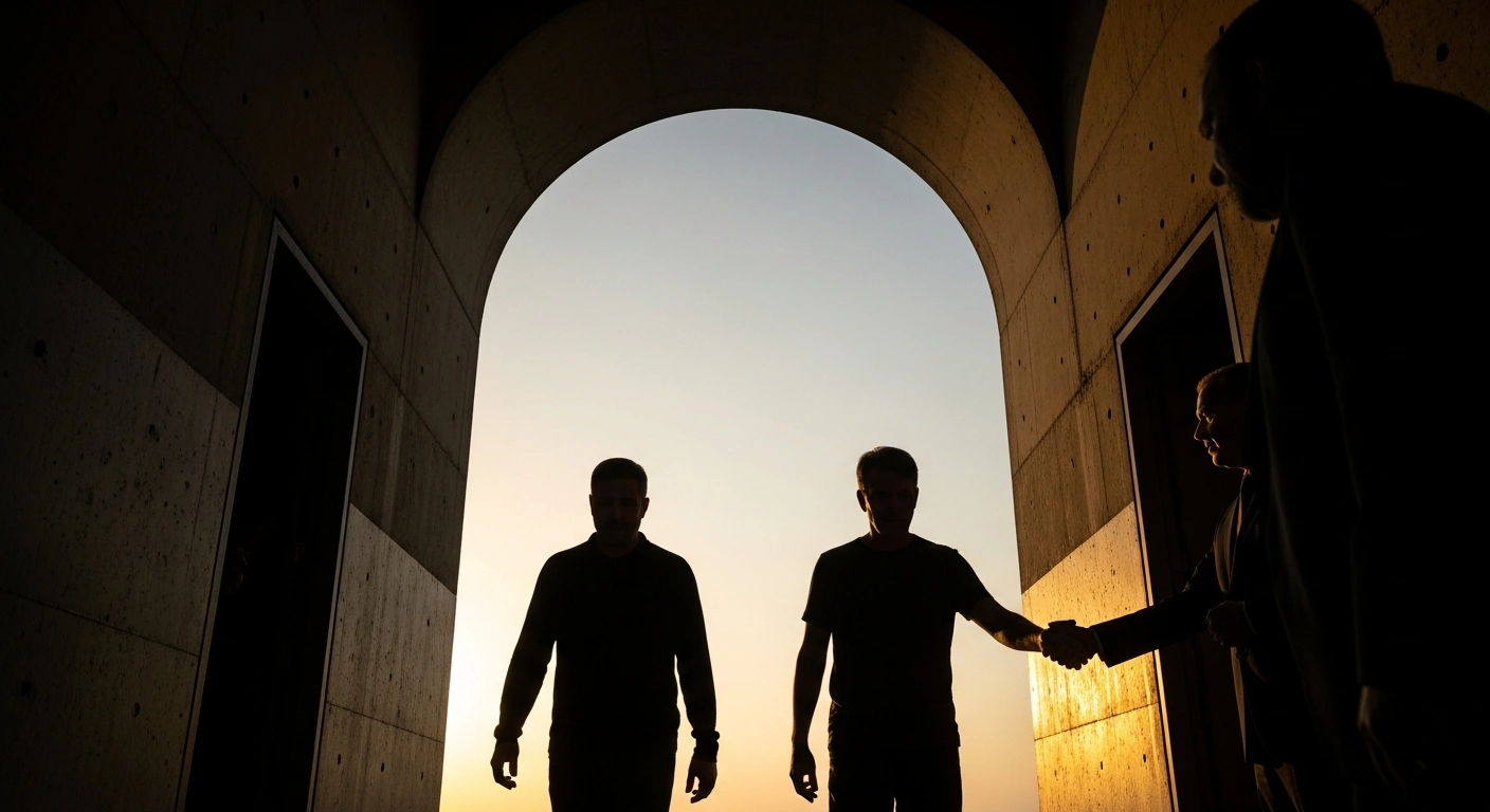 Two Kenyan human rights activists, Bob Njagi and Nicholas Oyoo, are depicted emerging from a stark building into the soft light of dawn, symbolizing their release after 38 days in Ugandan detention, following diplomatic efforts by Kenya.