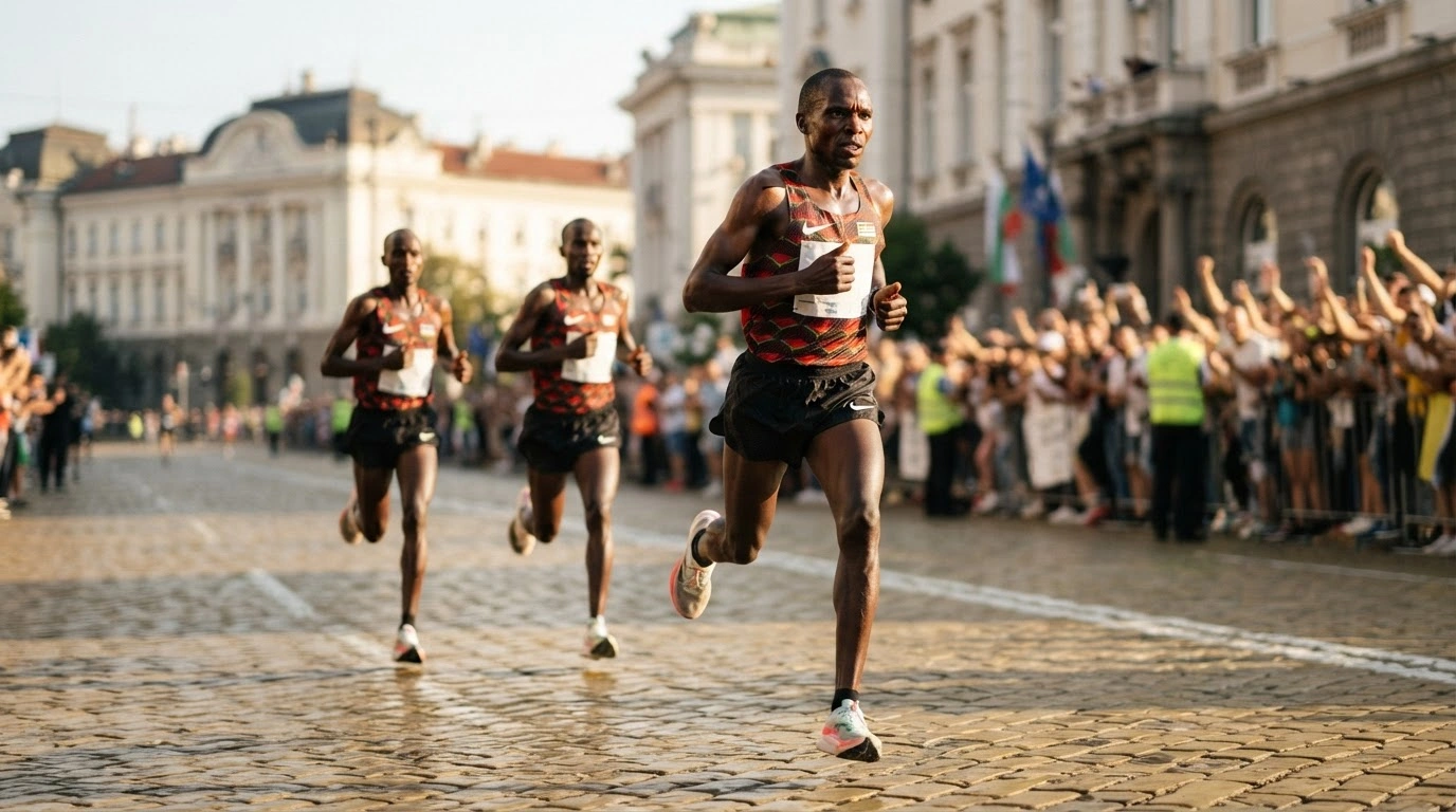 Kenyan marathon runners lead the pack during a historic race victory at the Sofia Marathon in Bulgaria.