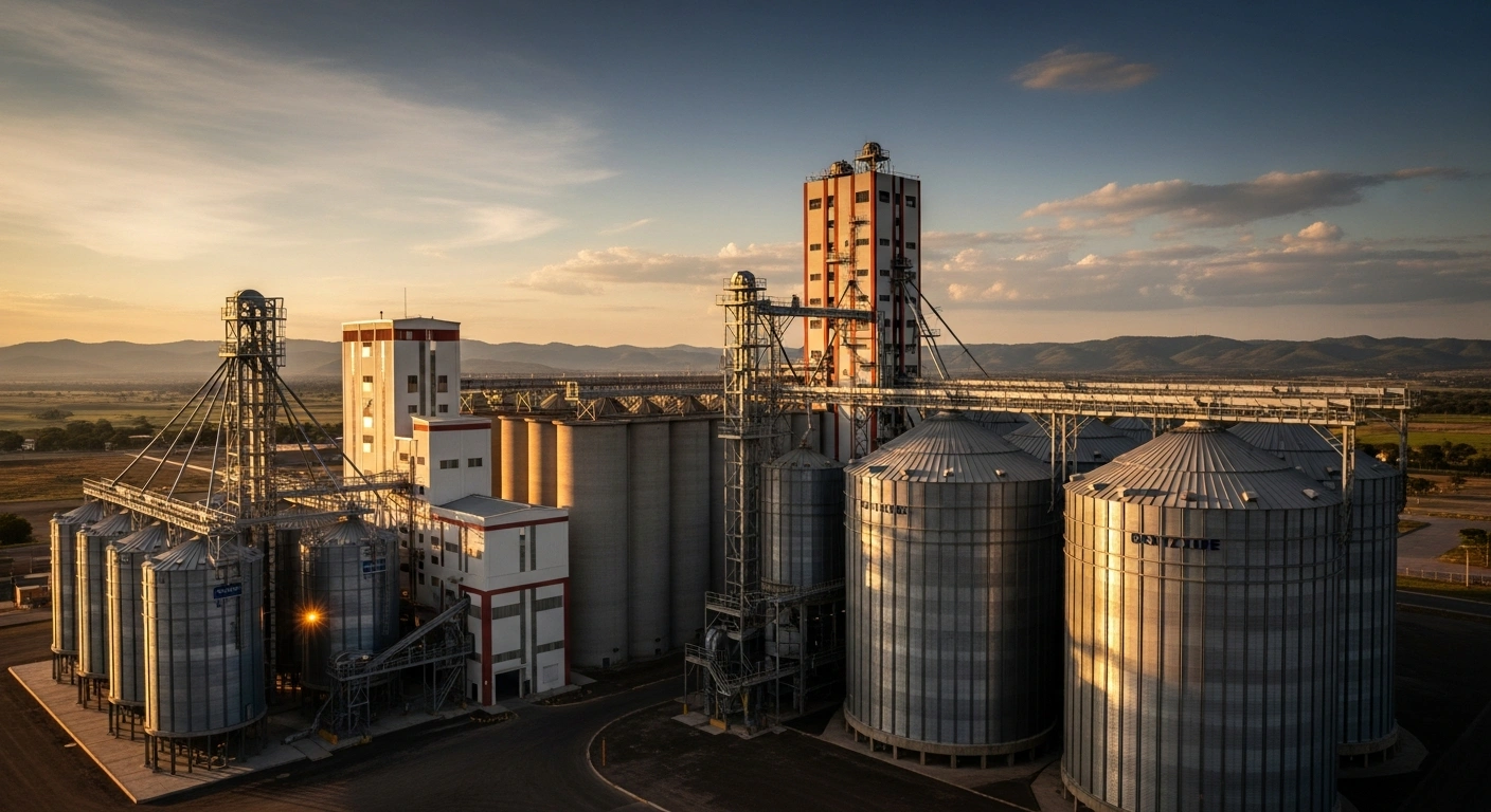 A massive, modern grain silo and processing facility, representing the partnership between Brazilian manufacturer Kepler Weber and Venezuelan company MP Agro, stands under a dramatic sky in Venezuela, symbolizing a new 80,000-ton corn storage project.