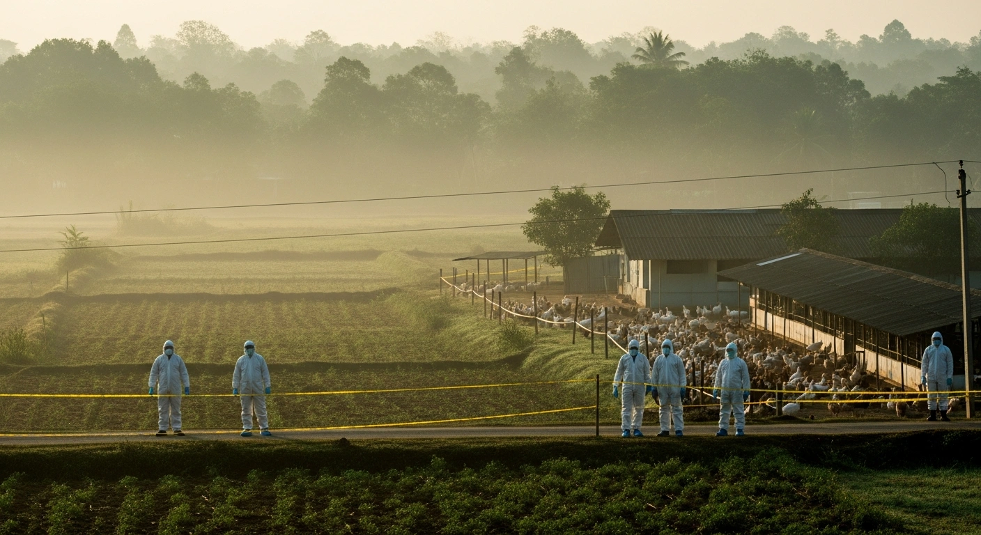 Health officials in protective hazmat suits implement containment measures at a poultry farm in Alappuzha, Kerala, following an H5N1 avian influenza outbreak.