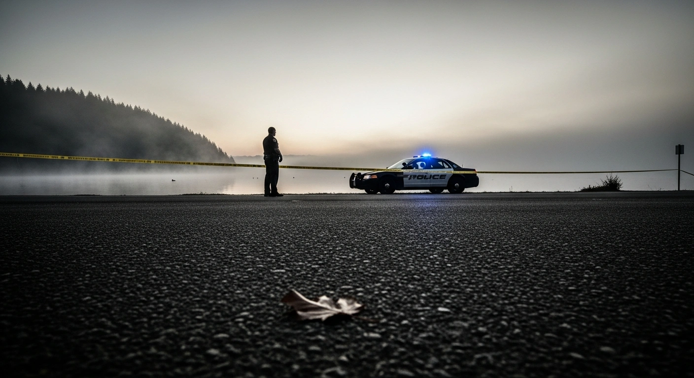 A somber, early morning scene on Washington's Key Peninsula shows a sheriff's deputy standing near crime scene tape, reflecting the aftermath of a mass stabbing incident that resulted in five deaths, including the suspect who was fatally shot.