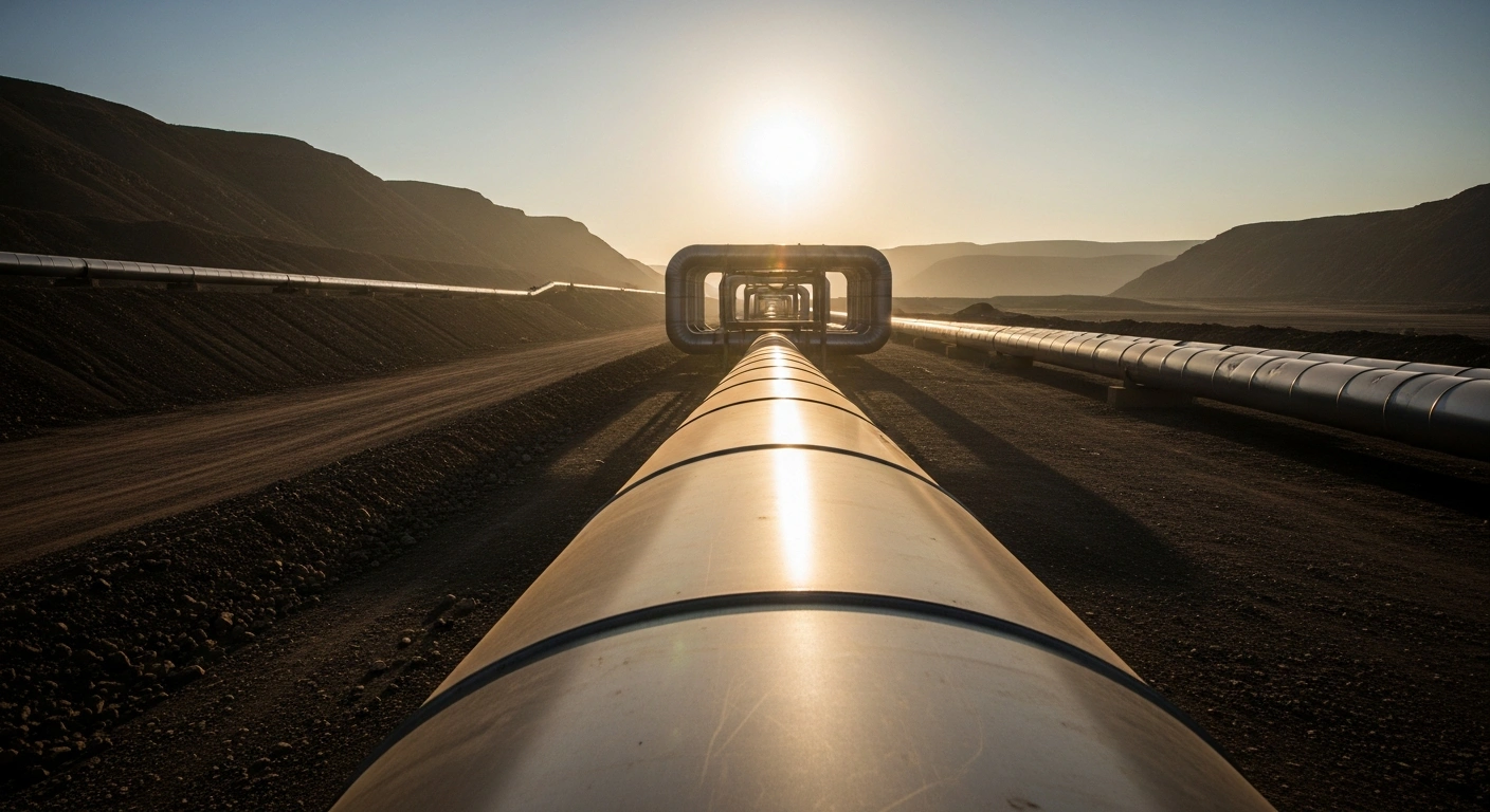A large steel oil pipeline stretches across a vast landscape, symbolizing the potential revival of the Keystone XL project and North American energy cooperation.