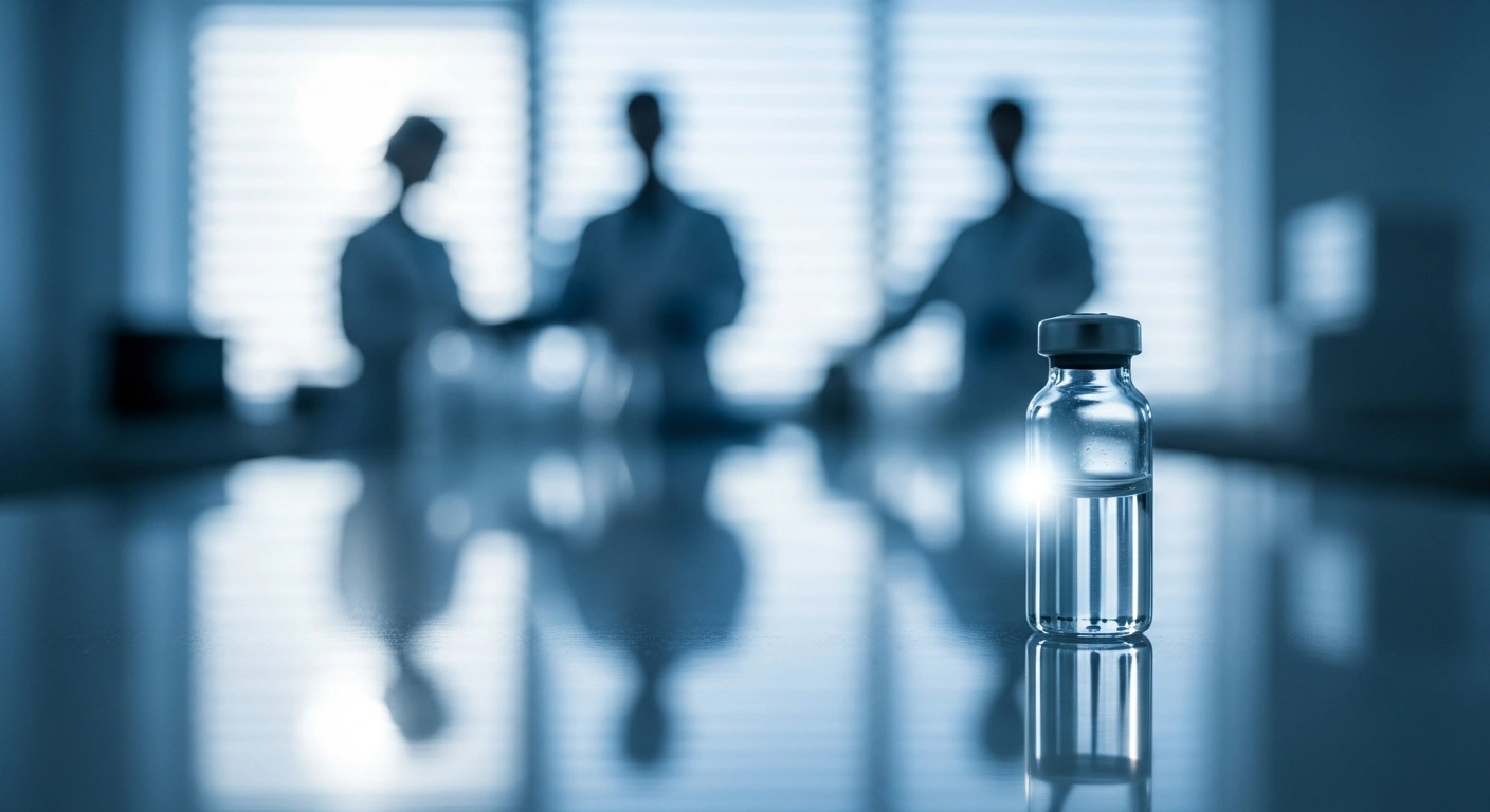 A medical vial representing the expansion of Keytruda immunotherapy sits on a laboratory table as the European Medicines Agency reviews new therapeutic applications.