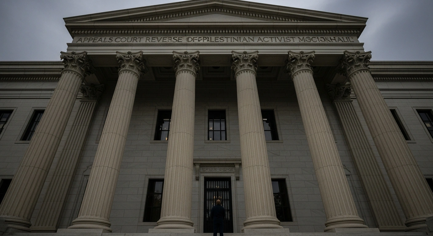 A silhouetted figure stands before the imposing, shadowed facade of a federal courthouse, symbolizing the legal reversal of a lower court's decision concerning pro-Palestinian activist Mahmoud Khalil and his return to ICE detention, a victory for the Trump administration's deportation efforts.