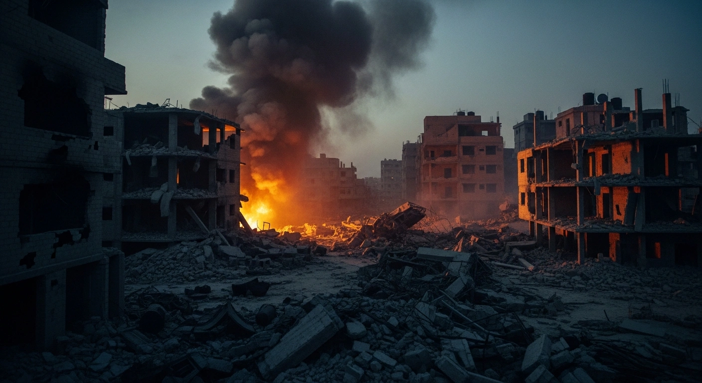 Smoke rises from the ruins of a destroyed police station in Khan Younis following an Israeli airstrike.