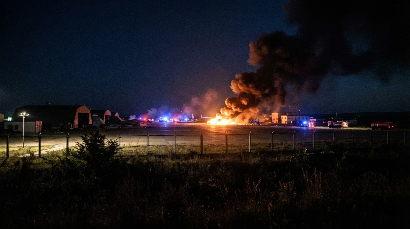 A large fire burns at the Khanska military airfield in Adygea, Russia, following a drone strike that triggered emergency evacuations.