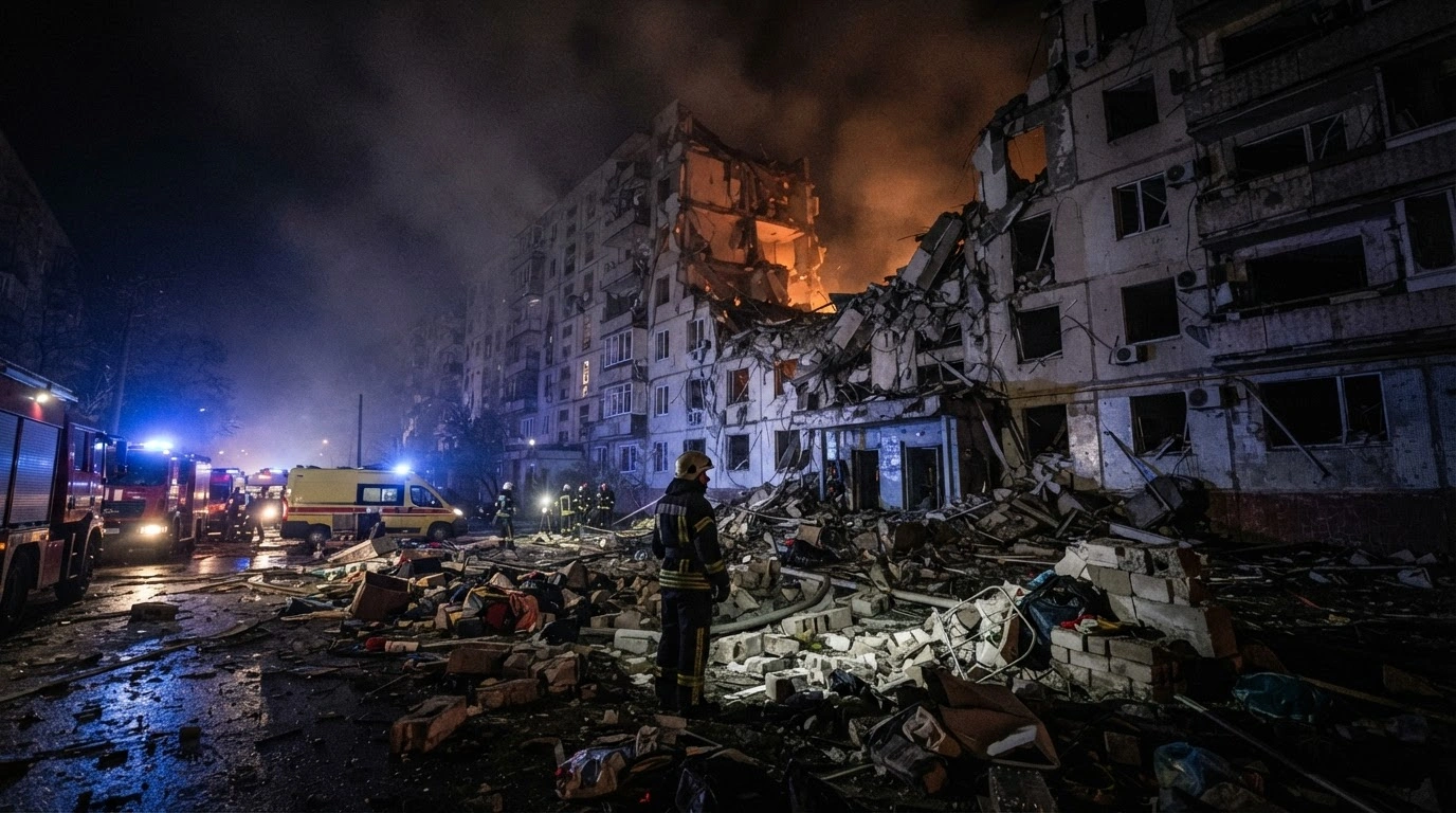 Emergency responders work through the debris of a residential building in Kharkiv following a Russian aerial strike at night.