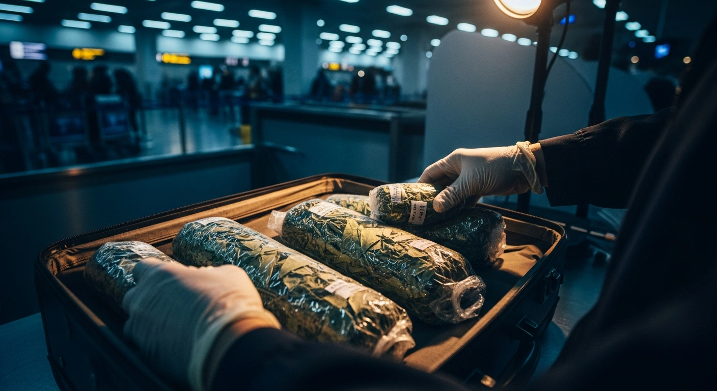 South African authorities inspect a suitcase containing over 50 kilograms of suspected khat discovered at Cape Town International Airport.