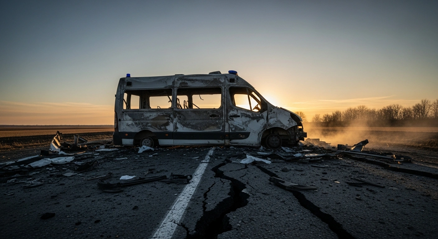 A destroyed white ambulance lies on a desolate road near Hola Prystan at dawn, with smoke rising from its charred remains, depicting the aftermath of an alleged drone strike that killed three medical workers in the Kherson region.