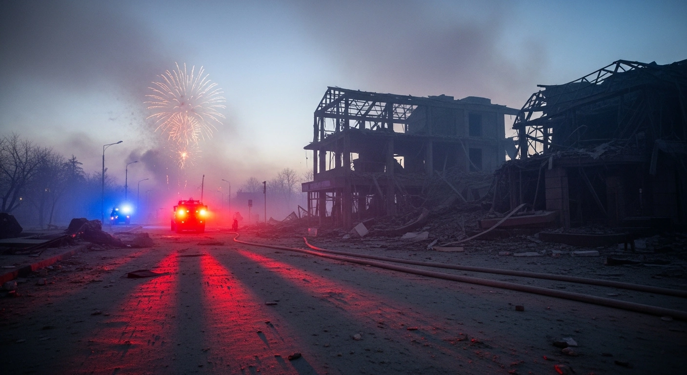A desolate scene depicting the aftermath of a Ukrainian drone strike on New Year's Eve in the occupied Kherson region, showing the destroyed facade of a building, possibly a cafe or hotel, with emergency lights flashing amidst debris, where Russian authorities allege 24 were killed and over 50 wounded.