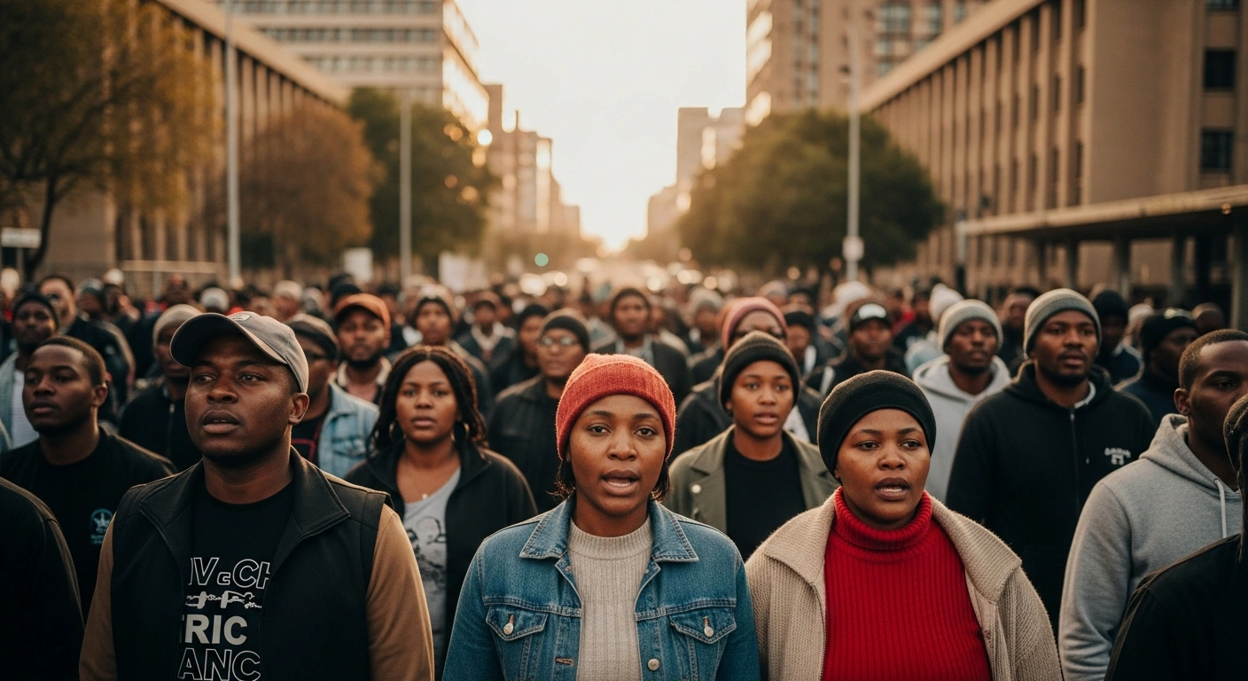 A diverse group of community members marches through the streets of Khing, South Africa, to protest against xenophobia and discrimination.