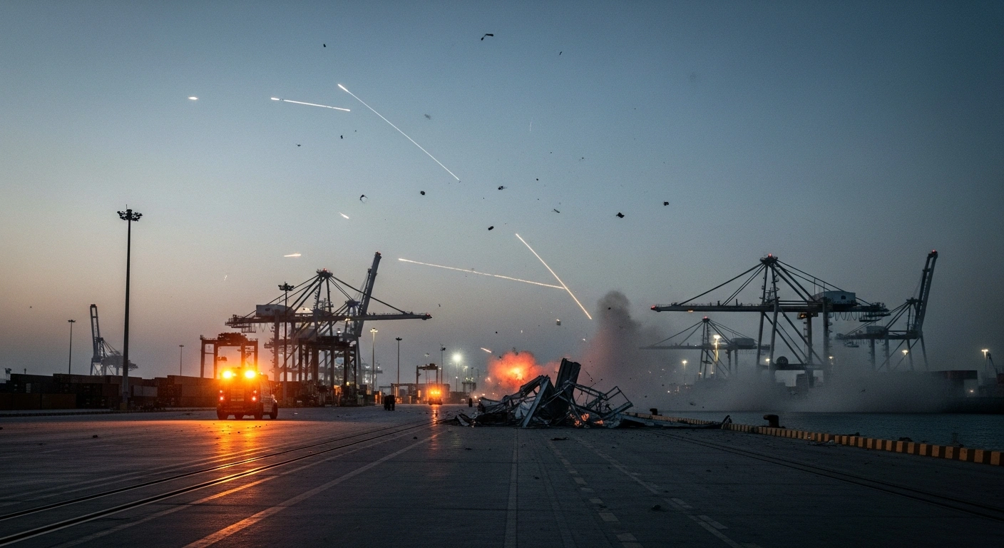 Emergency crews and debris are visible at Khor Fakkan Port in Sharjah following the interception of projectiles by UAE air defense systems.