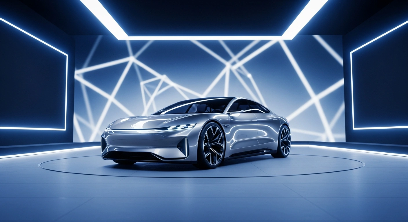 A futuristic electric concept car is displayed on a modern stage during a Kia Corporation strategic presentation on electrification.