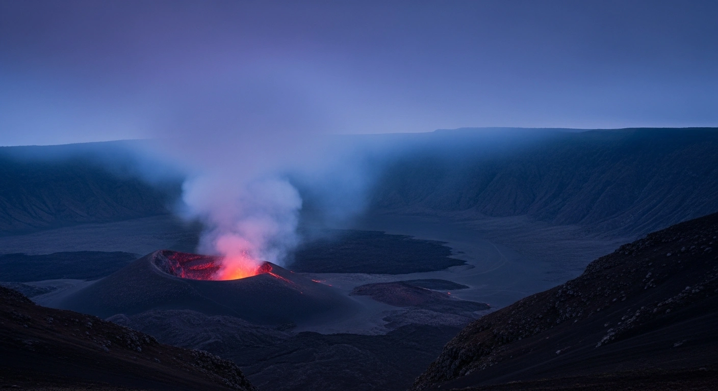 A wide, twilight view of the Halemaʻumaʻu crater at Kīlauea volcano, showing a subtle, intermittent orange-red glow from the south vent, indicating a paused eruption with potential for resumption.