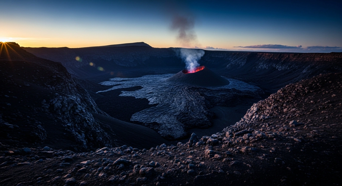 A wide view of the dormant Kilauea volcano crater in Hawaii with volcanic gas rising from the dark, cooling lava fields.