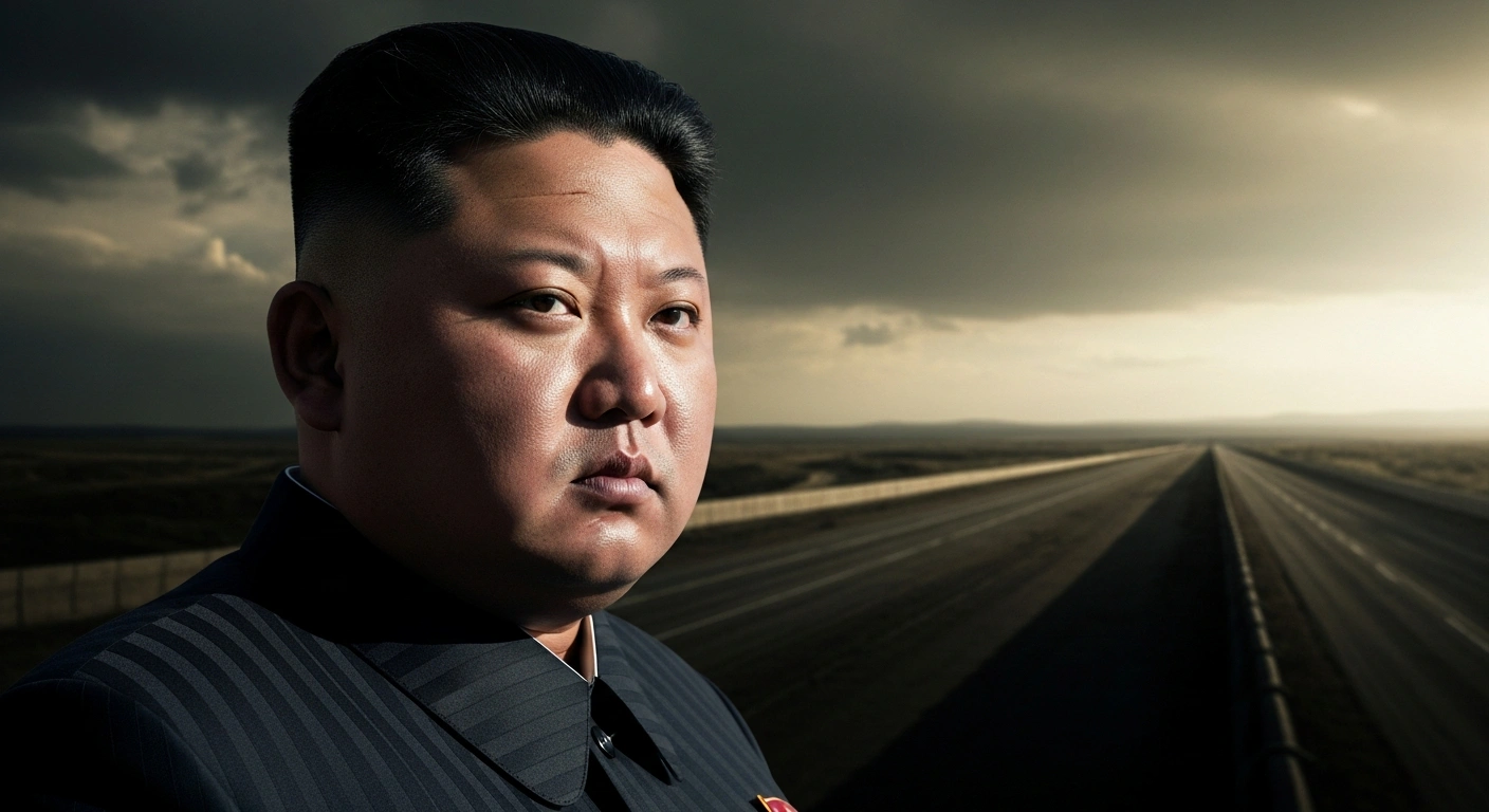 A low-angle medium shot depicts North Korean leader Kim Jong Un with a stern expression, dramatically lit against a stormy sky, with a desolate, fortified border landscape in the background, symbolizing his declaration of South Korea as a permanent enemy and his conditional openness to dialogue with the United States as a nuclear-armed state.