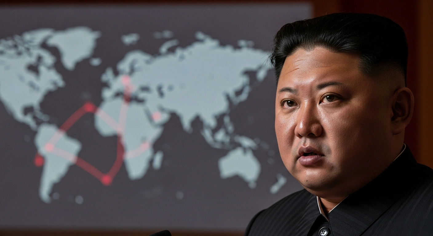 A medium close-up of North Korean leader Kim Jong-un, captured from a low angle, with dramatic lighting highlighting his determined expression, as abstract strategic global maps flicker in the blurred background, conveying military cooperation and strategic ties between Pyongyang and Moscow.