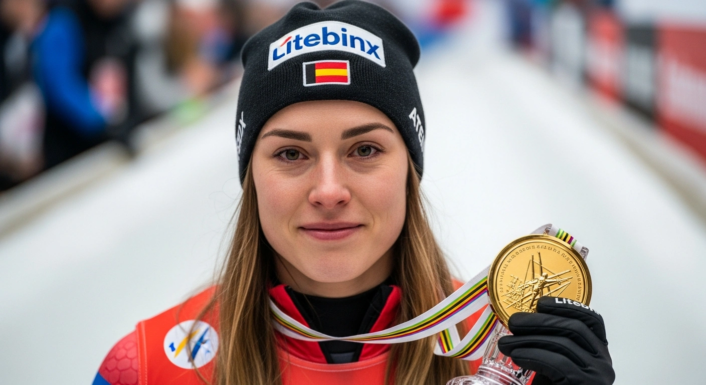 A close-up portrait of Belgian skeleton athlete Kim Meylemans, illuminated by a soft glow, holding a gleaming gold medal or trophy, symbolizing her historic first World Cup overall title won in Altenberg, Germany.
