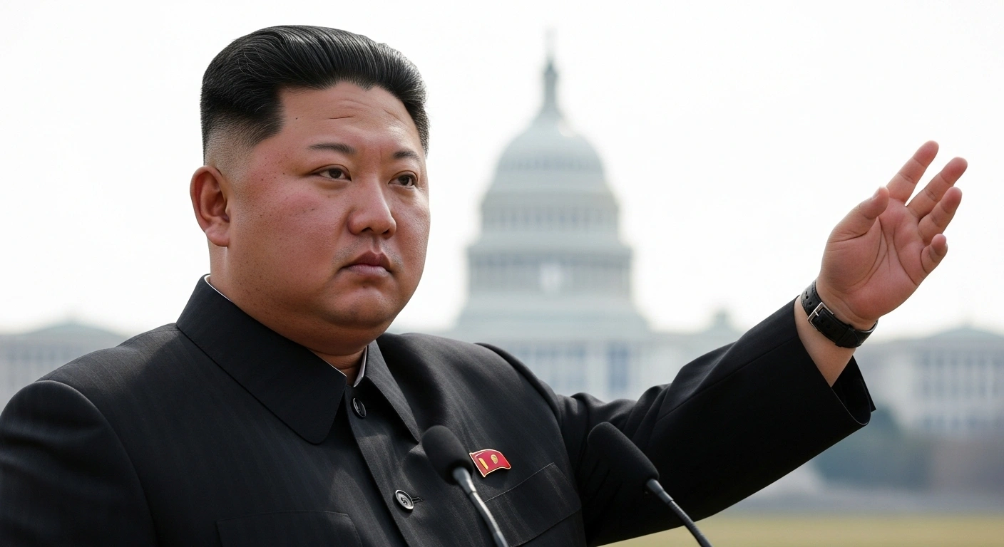 A dramatically lit, low-angle portrait of North Korean leader Kim Jong Un, with a faint, out-of-focus image of the US Capitol in the background and an empty space to his side, symbolizing his conditional willingness to resume talks with the United States, rejection of denuclearization, and refusal of dialogue with South Korea.