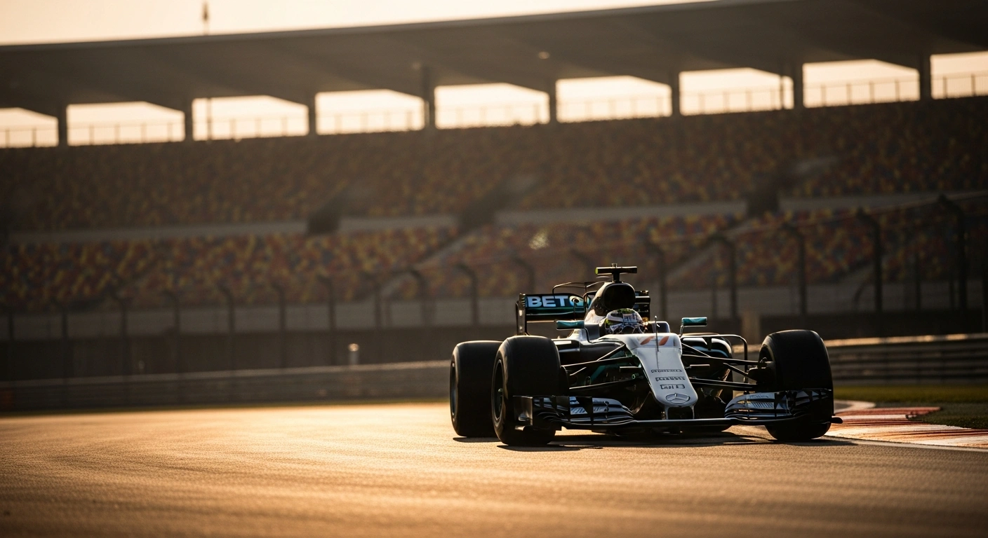 A Mercedes Formula 1 car driven by Kimi Antonelli speeds around a corner at the Shanghai International Circuit during his victory at the Chinese Grand Prix.