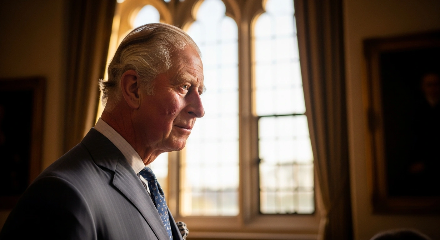 A dignified King Charles III is depicted in a stately, sunlit room, looking thoughtfully towards a window, representing his reduced cancer treatment schedule and milestone in recovery from his February 2024 diagnosis.