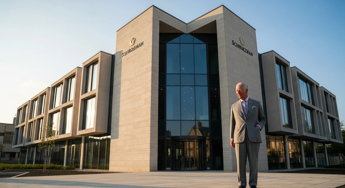 King Charles III stands in front of the newly inaugurated Schwarzman Centre for the Humanities at the University of Oxford.