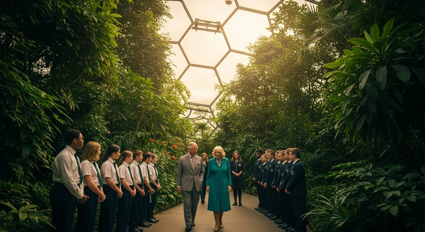 King Charles III and Queen Camilla visit the Eden Project in Cornwall to celebrate the attraction's 25th anniversary while speaking with local community members and students.
