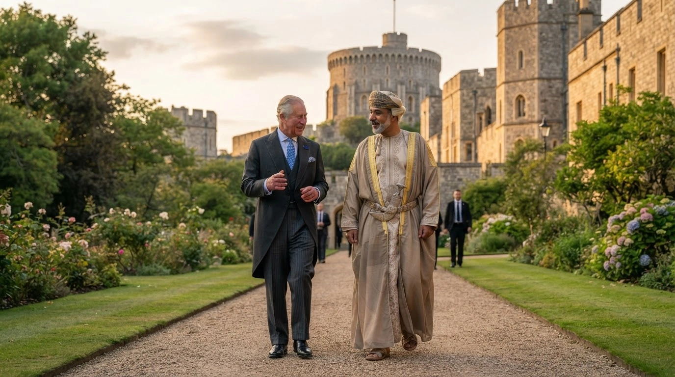 King Charles III and Sultan Haitham bin Tariq of Oman walk together during a formal state visit at Windsor Castle.