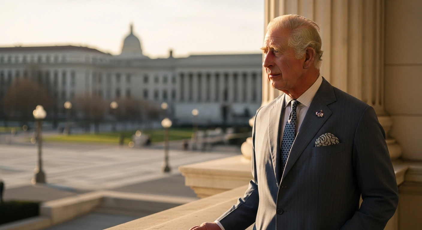King Charles III stands on a balcony during a state visit to the United States to commemorate the 250th anniversary of American independence.
