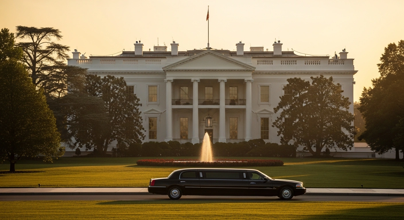 The White House stands in the background as a limousine arrives for a state visit by King Charles III to Washington, D.C.
