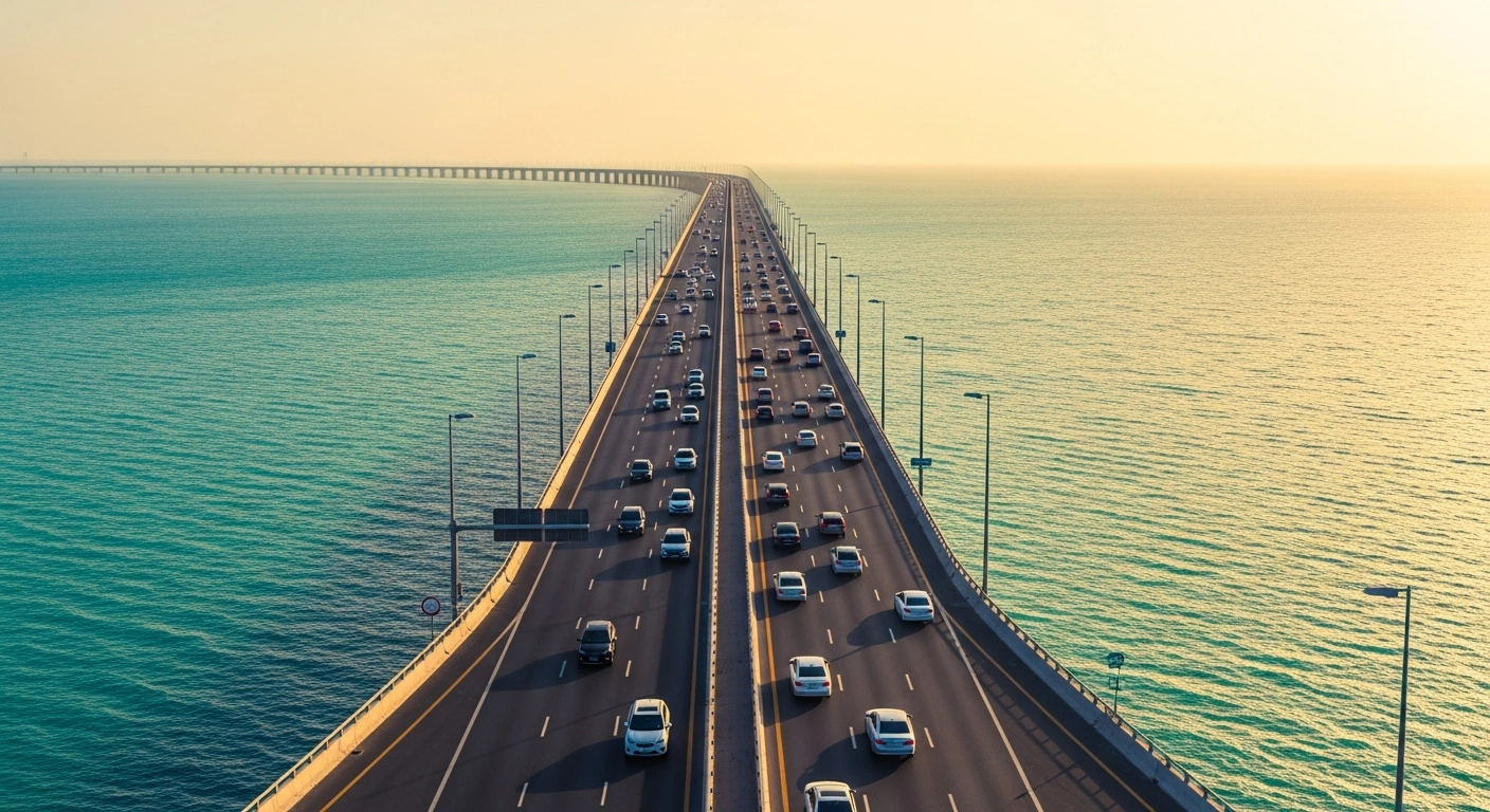 A wide aerial view shows vehicles traveling across the King Fahd Causeway connecting Saudi Arabia and Bahrain over the Persian Gulf.