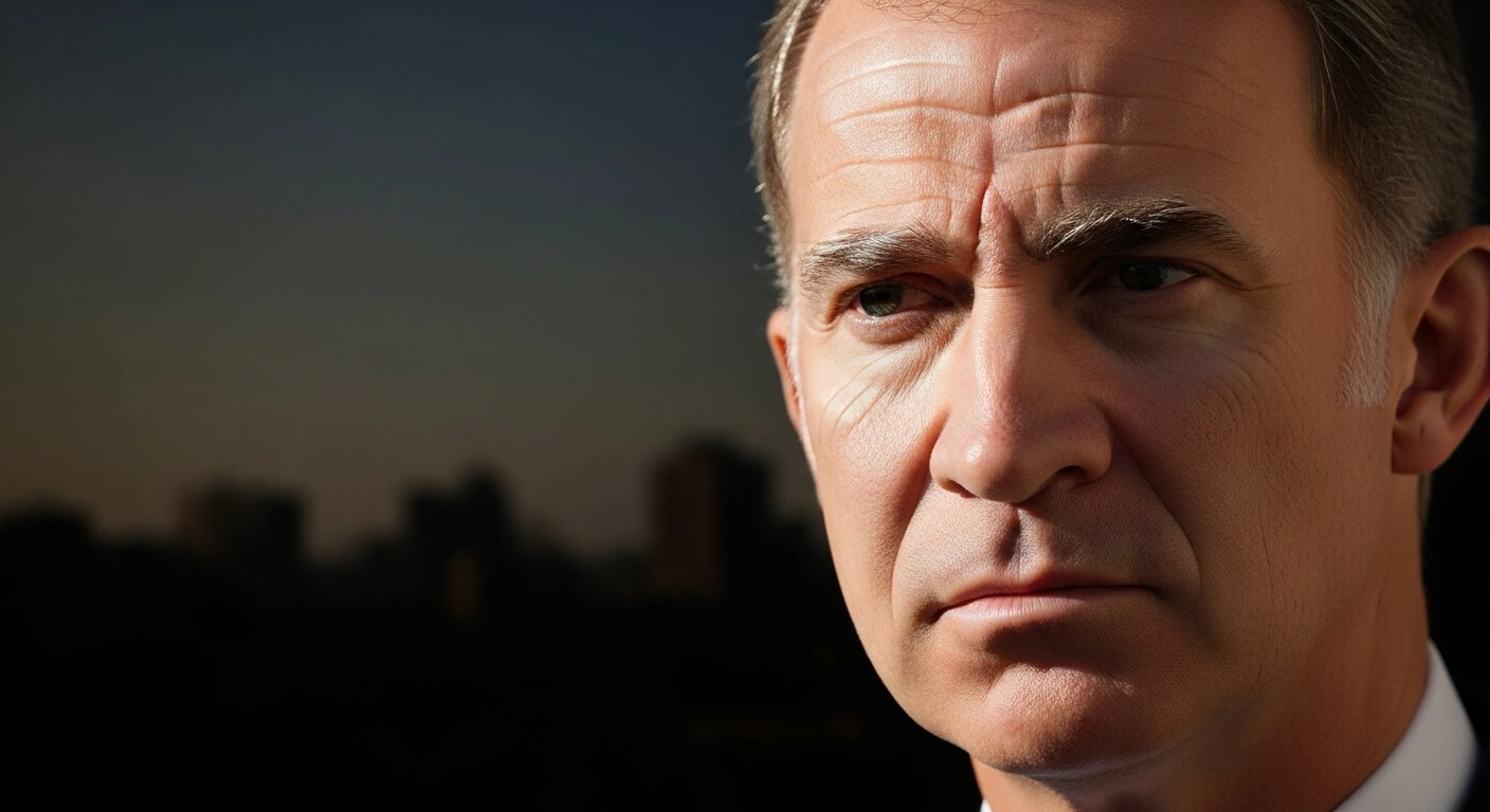A solemn King Felipe VI is shown in a medium close-up, his face reflecting profound concern, with a subtly blurred, devastated urban landscape in the background, representing his condemnation of the unspeakable suffering and humanitarian crisis in Gaza during his state visit to Egypt.