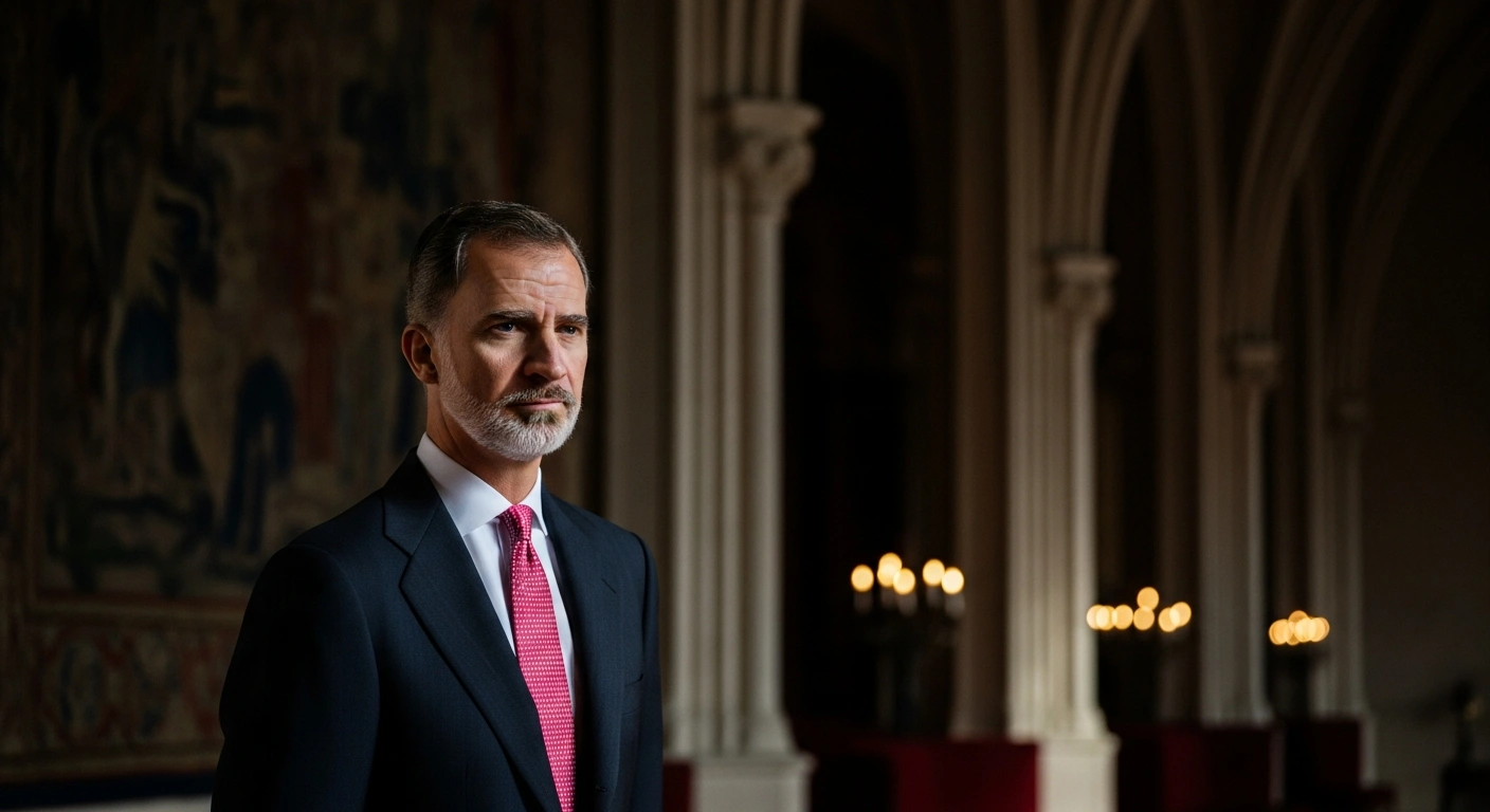 King Felipe VI of Spain stands in a grand, dimly lit hall while reflecting on the historical legacy and ethical controversies of the Spanish conquest in the Americas.