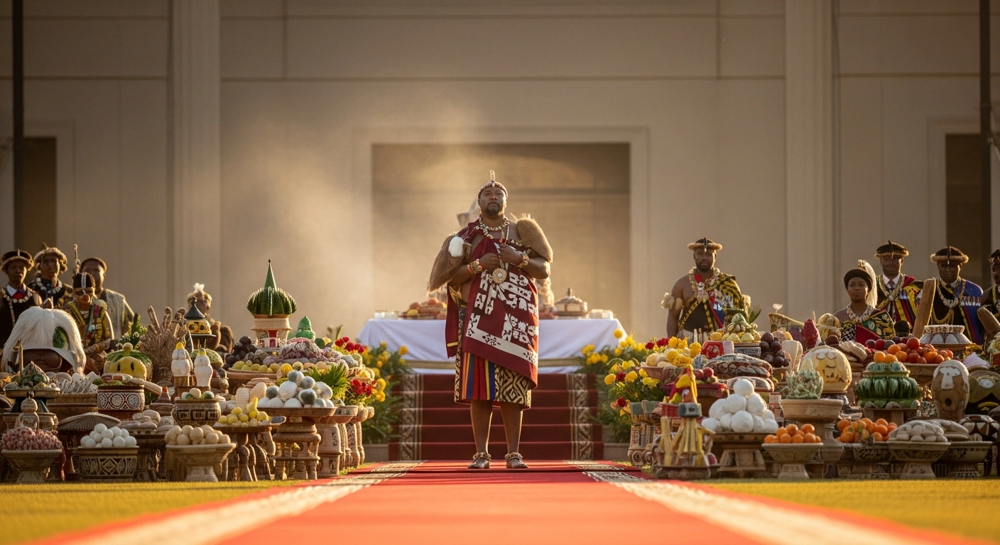 King Mswati III of Eswatini, adorned in traditional ceremonial attire, is shown receiving numerous offerings from corporate entities and individuals during the Incwala ceremony at Ngabezweni Royal Residence, symbolizing national unity and support for the monarchy.