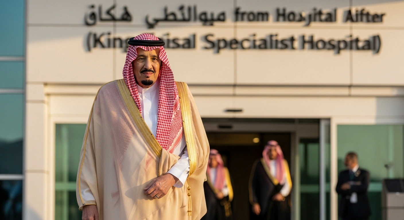 King Salman bin Abdulaziz, dressed in traditional Saudi attire, is shown walking confidently as he exits the King Faisal Specialist Hospital in Riyadh on January 16, 2026, following reassuring medical test results.