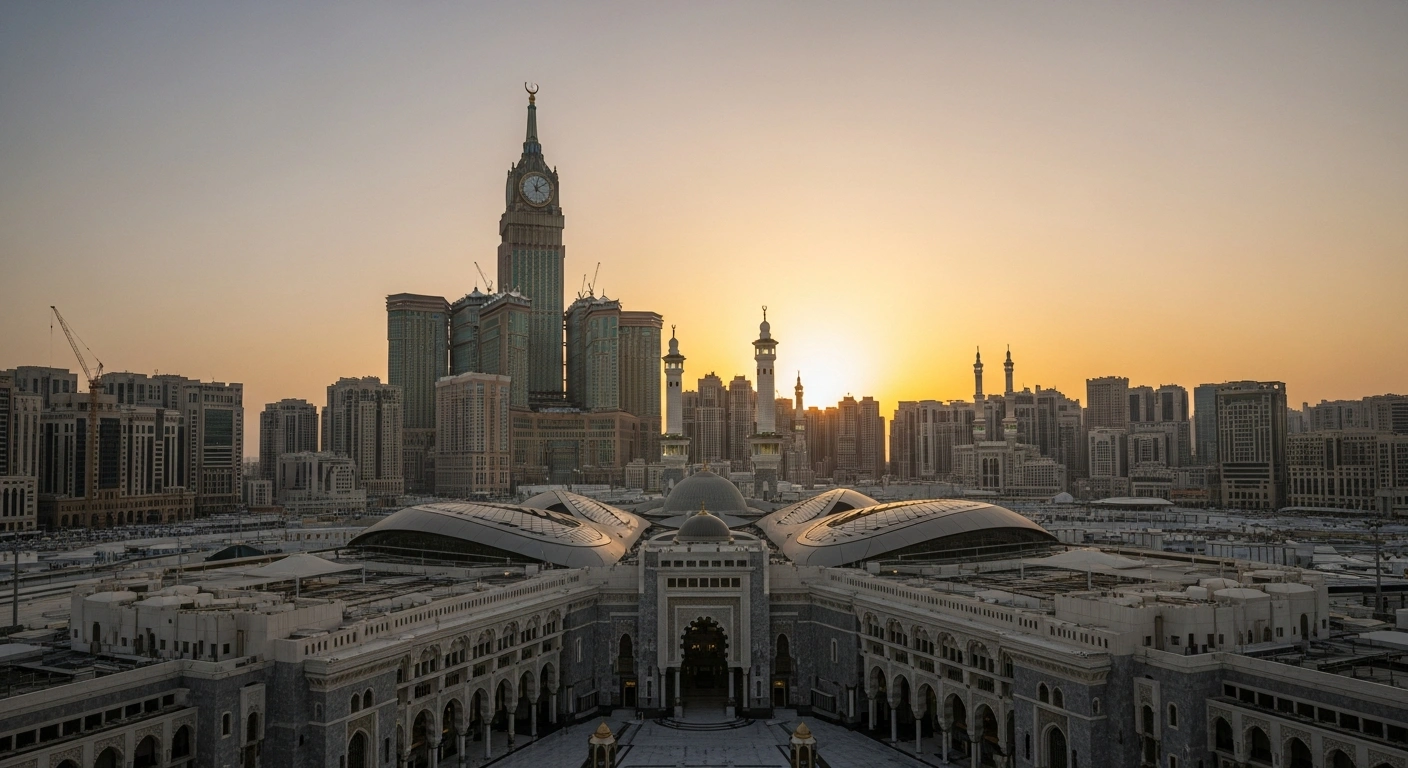 A sweeping low-angle shot at golden hour reveals the monumental King Salman Gate project, a vast urban development in Makkah, with modern architecture gleaming under a soft, ethereal glow, and the Grand Mosque's minarets subtly visible in the distance, symbolizing the enhanced pilgrim experience and Saudi Vision 2030.