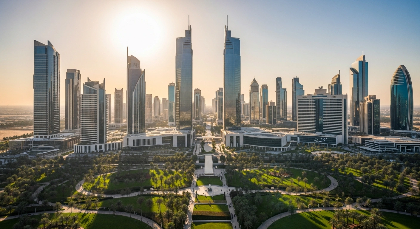 An aerial view of a sprawling, modern property development featuring sleek residential towers, office buildings, and a luxury hotel, set within the lush King Salman Park in Riyadh, Saudi Arabia, representing a $1 billion investment by King Salman Park Foundation, Adjan Real Estate, and Sedco Capital.