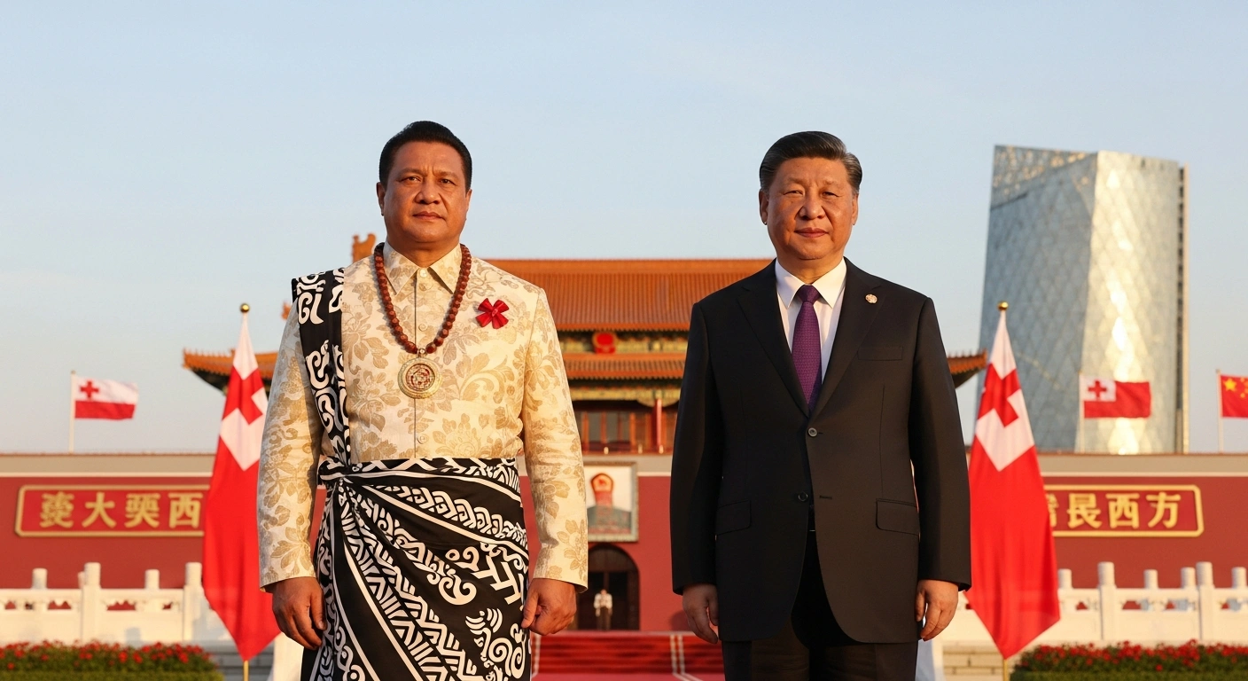 King Tupou VI of Tonga and President Xi Jinping stand together, framed by a blend of Tongan and Chinese architectural elements, symbolizing their state visit to deepen bilateral relations.