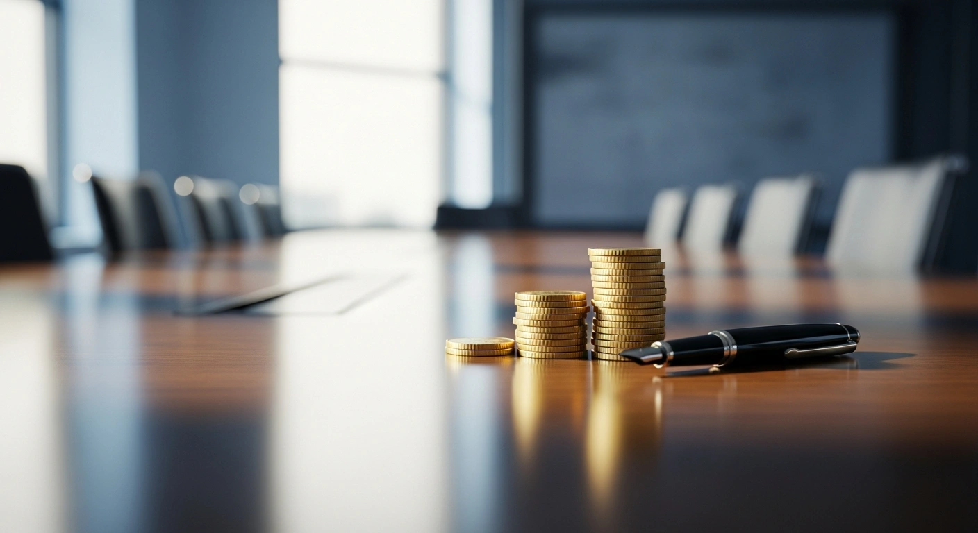 A stack of gold coins rests on a professional boardroom table, representing the Kingfisher plc share buyback programme.