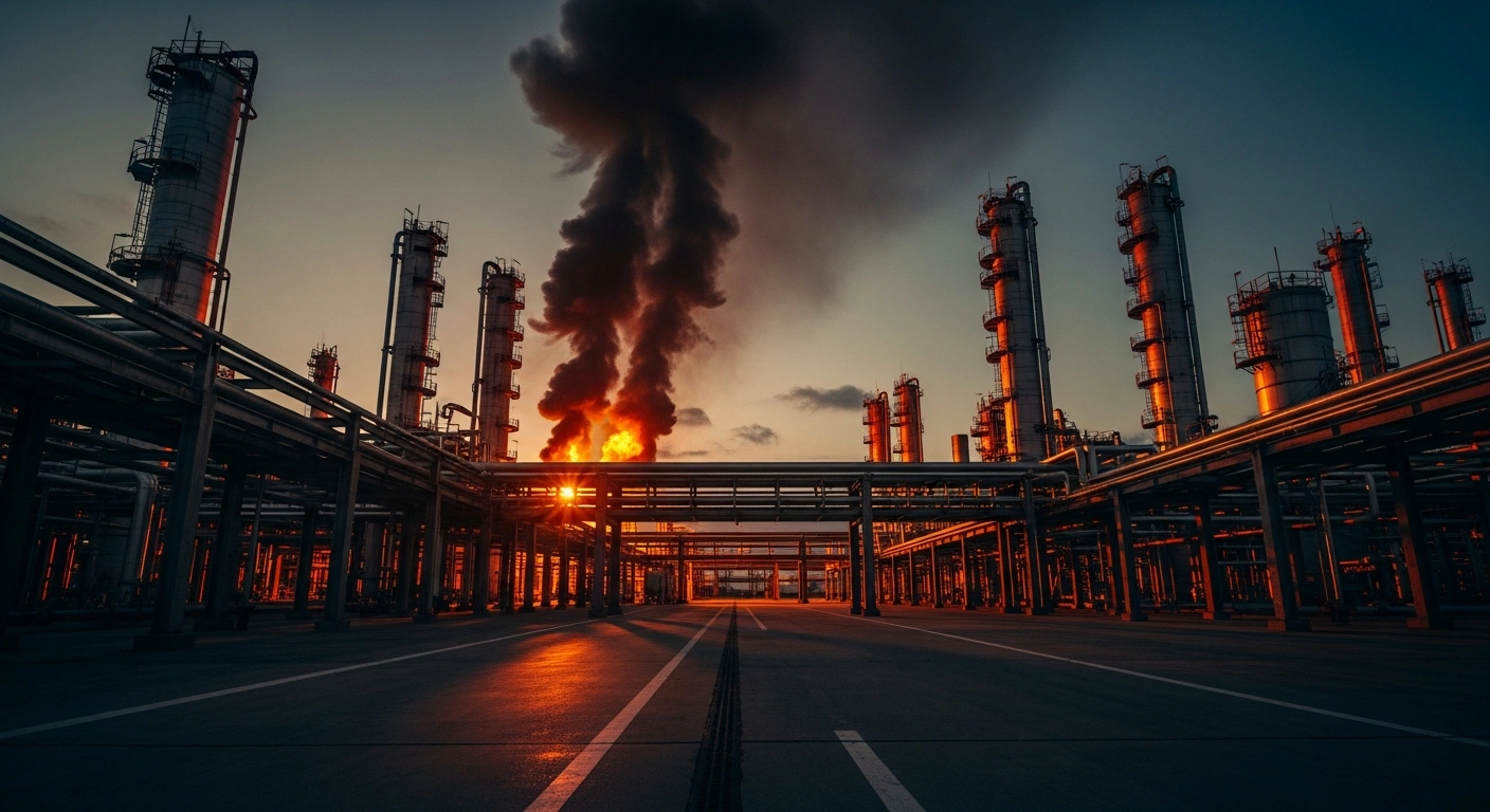 Smoke rises from the Kirishi oil refinery in Russia following a reported drone strike that caused the facility to halt operations.