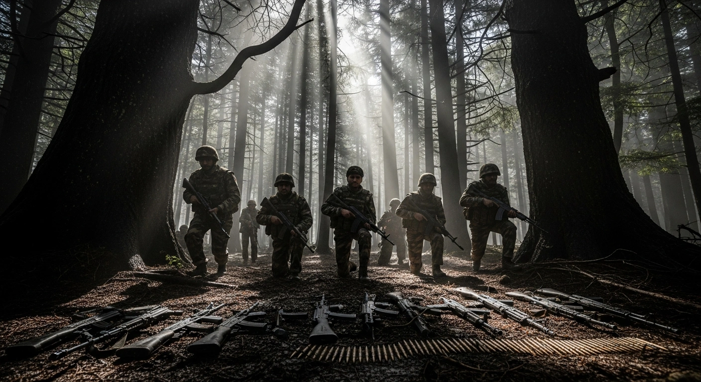 Indian Army and J&K Police personnel are depicted in a dense, mist-shrouded forest, with dappled sunlight illuminating a significant cache of recovered automatic weapons and ammunition on the damp ground, following a successful counter-terrorism operation.