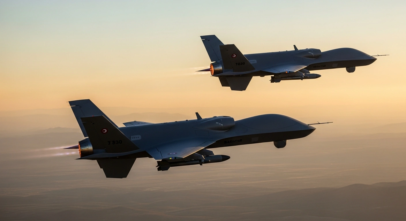 Two Baykar Bayraktar Kızılelma jet-powered unmanned combat aircraft are depicted flying in a precise, close autonomous formation against a dramatic golden-hour sky over a rugged landscape, illustrating the world's first fully autonomous close-formation flight by jet-powered drones in Türkiye.