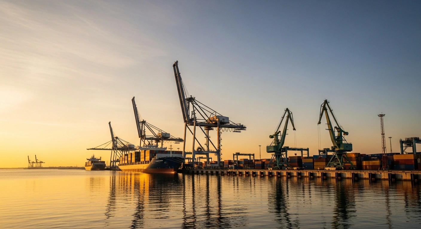 A wide view of the Klaipėda State Seaport in Lithuania showing modern infrastructure and cargo ships as part of a major environmental and operational upgrade project.