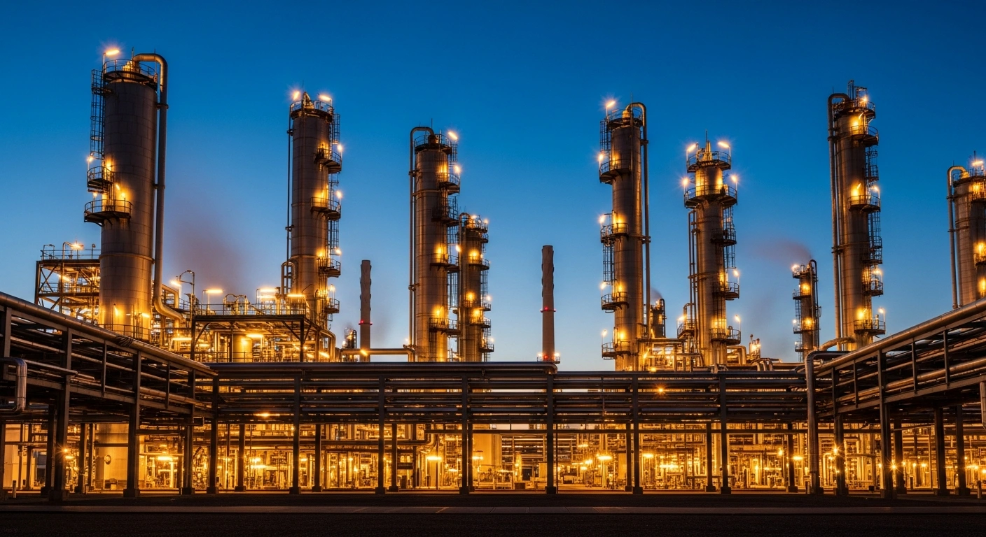 The Klesch Group-acquired oil refinery in Gelsenkirchen stands as a massive industrial complex under a twilight sky, highlighting Germany's energy infrastructure.
