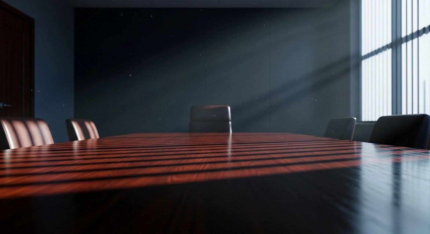 An empty chair at a formal conference table represents the lack of evidence regarding the alleged KMT delegation invitation.