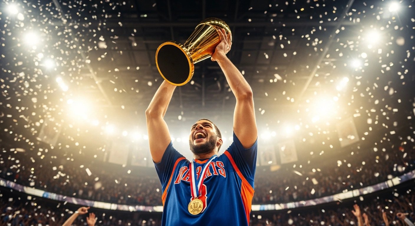 A New York Knicks basketball player celebrates winning the 2026 NBA Championship by holding the trophy high in a crowded arena.