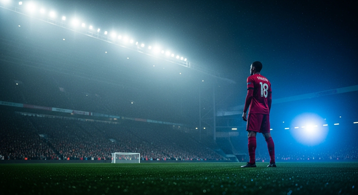 A lone soccer player stands on a dark, rain-covered field under stadium lights, representing the fight against racist abuse directed at national team players.
