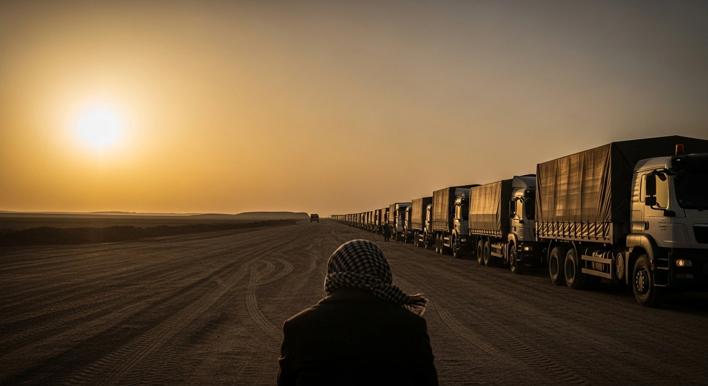 A long line of 25 humanitarian aid trucks, stalled and unable to proceed, are depicted at a desolate border crossing under a harsh, dusty sky, symbolizing the blocked essential supplies for the besieged Syrian Kurdish town of Kobani.