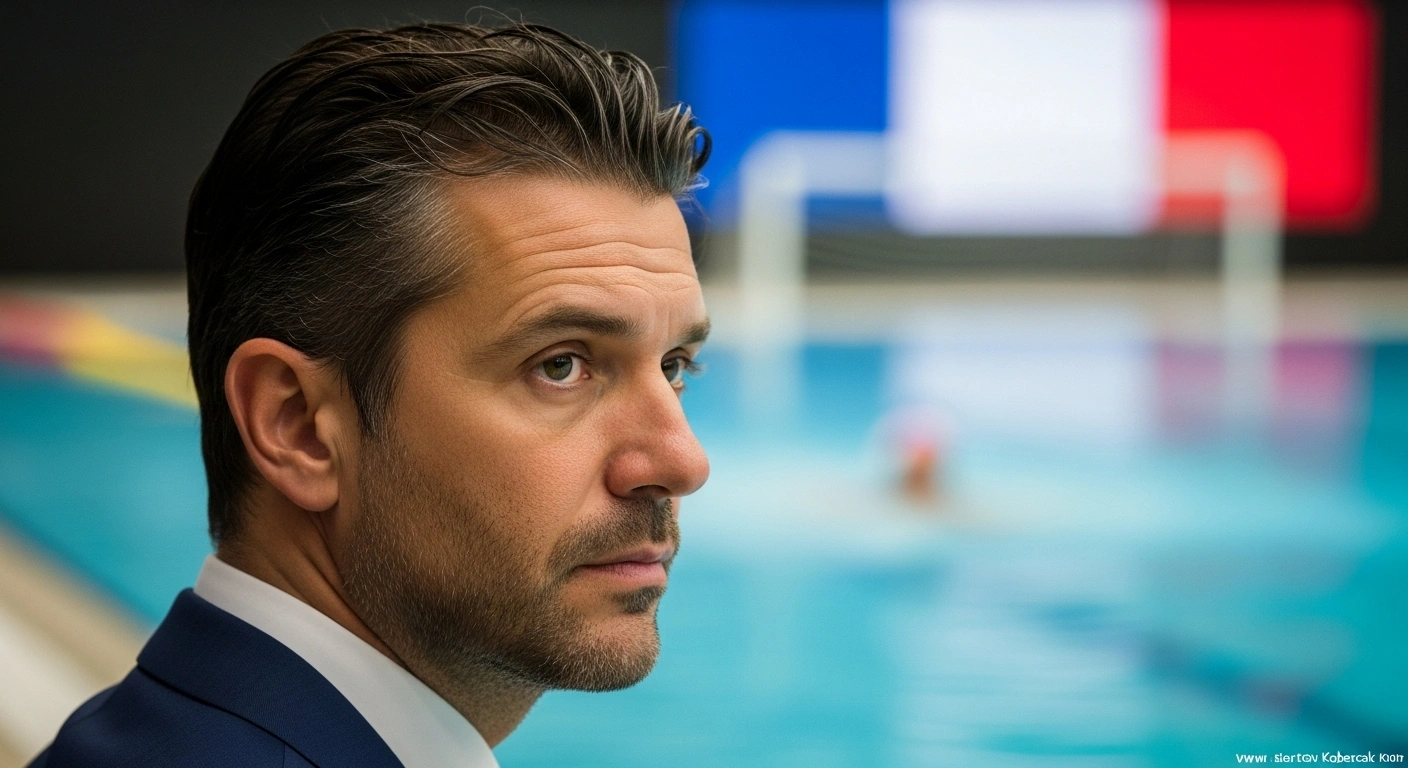Croatian coach Vjekoslav Kobescak, the new head coach of the French men's national water polo team, is depicted in a medium close-up, gazing intently with a determined expression, with a water polo pool and subtle French flag reflections in the soft-focus background.